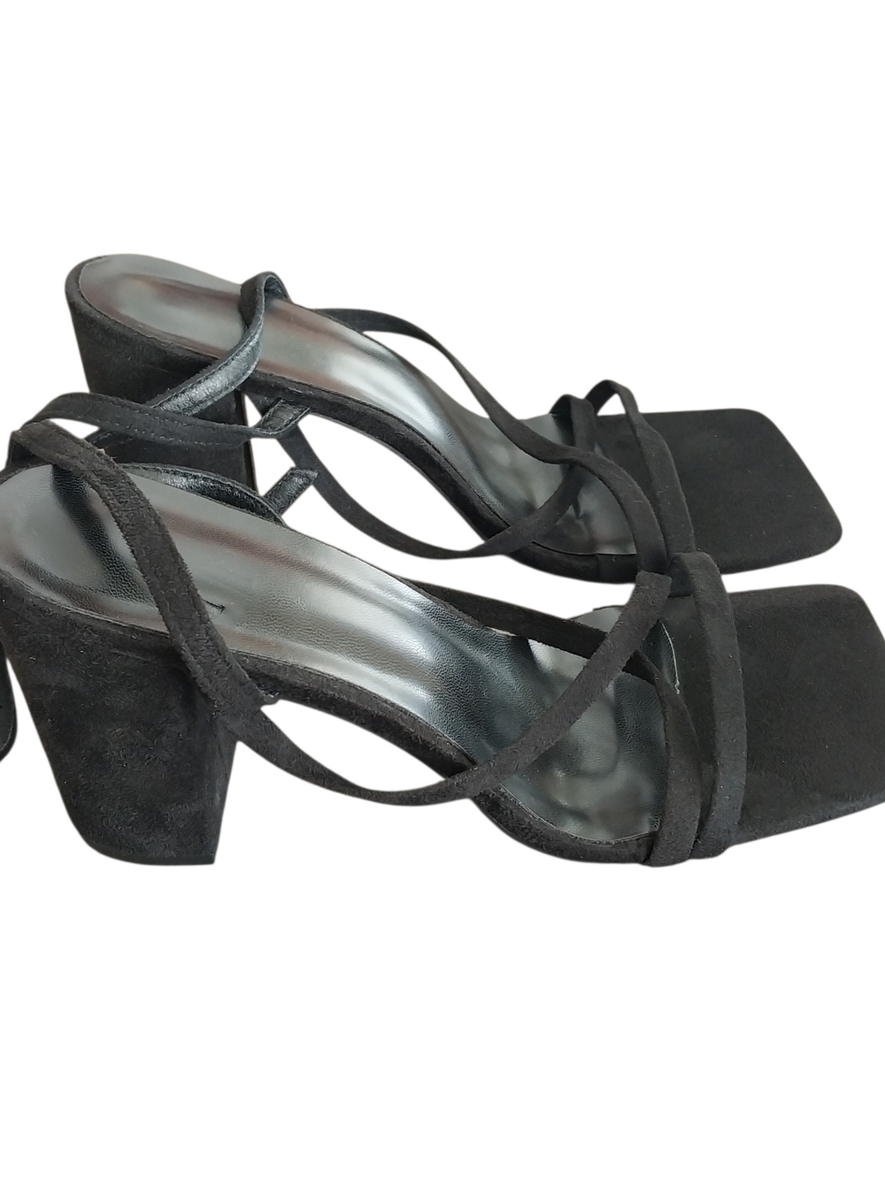 Women's Black Suede Strappy Block Heel Sandals